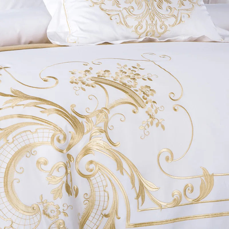 White Egyptian Cotton Bedding set US King Queen size Chic Golden Embroidery Bedding sets Super Soft Bed sheet set Duvet cover