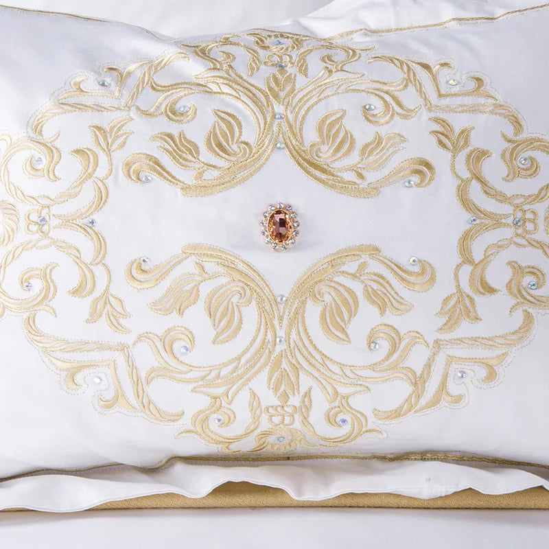 White Egyptian Cotton Bedding set US King Queen size Chic Golden Embroidery Bedding sets Super Soft Bed sheet set Duvet cover