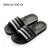 ISSACOCO Men's Linen Flip Flops Striped Ribbon Sandals Flat EVA Non-Slip Linen Slides Home Slippers Man Casual Straw Beach Shoes