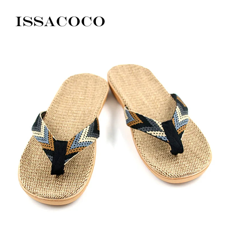 ISSACOCO Men's Linen Flip Flops Striped Ribbon Sandals Flat EVA Non-Slip Linen Slides Home Slippers Man Casual Straw Beach Shoes