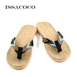 ISSACOCO Men's Linen Flip Flops Striped Ribbon Sandals Flat EVA Non-Slip Linen Slides Home Slippers Man Casual Straw Beach Shoes