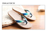 ISSACOCO Men's Linen Flip Flops Striped Ribbon Sandals Flat EVA Non-Slip Linen Slides Home Slippers Man Casual Straw Beach Shoes