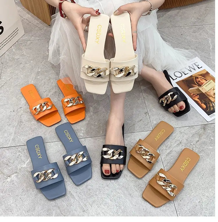 Cute 2022 Women Summer Slipper Square Toe Chain Slippers Slip on Flat Slide Sandals Beach Flip Flops Casual Shoe Ladies Big Size