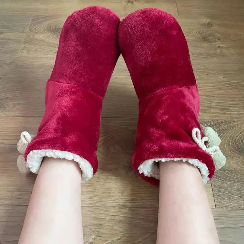 Womens Home Slipper Boots Winter Warm Fuzzy Indoor Fur Ball Contton Plush Non Slip Grip Fluffy Female Floor Shoes Flat Ladies