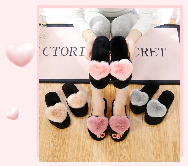 Women Indoor Warm Home Slippers Bedroom Cute Heart Pattern Non-slip Soft Comfort Plush House Slippers Shoes Autumn Winter