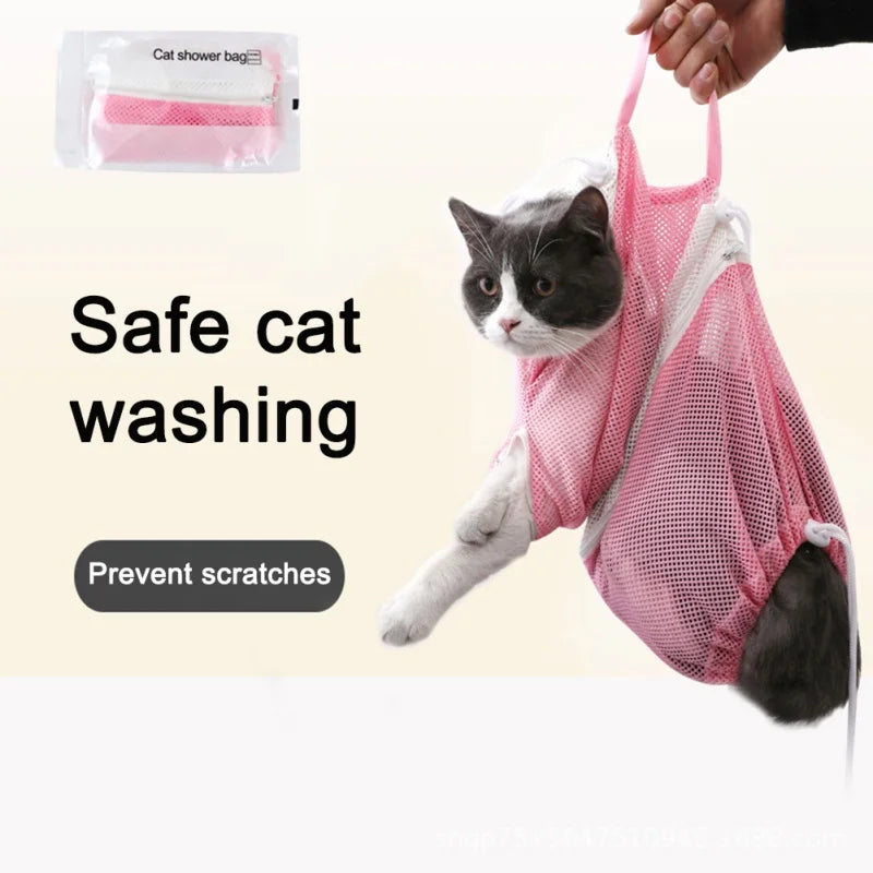 Mesh Pet Bath Bag Cats Grooming Washing Bags No Scratching Adjustable Cat Supplies Bath Clean Bag Pet Nail Trimming Bags