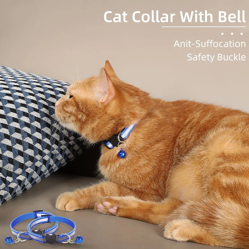 ROJECO Colorful Cat Collar With Bell Adjustable Safety Reflective Pet Collars For Cats Supplies Kitten Buckle Necklace Pet Leash