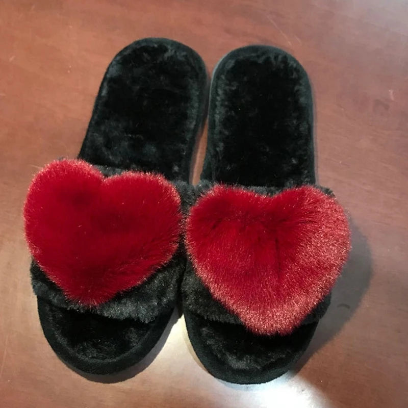 Women Indoor Warm Home Slippers Bedroom Cute Heart Pattern Non-slip Soft Comfort Plush House Slippers Shoes Autumn Winter