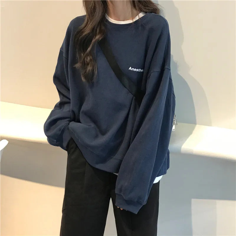 Jielur New Kpop Letter Hoody Fashion Korean Thin Chic Women's Sweatshirts Cool Navy Blue Gray Hoodies for Women M-XXL