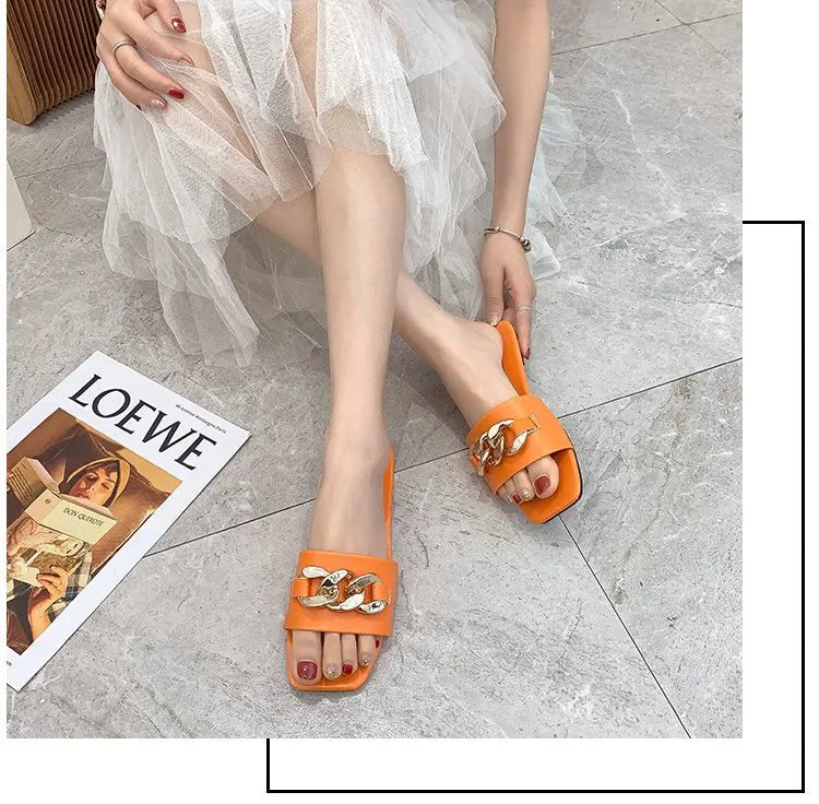 Cute 2022 Women Summer Slipper Square Toe Chain Slippers Slip on Flat Slide Sandals Beach Flip Flops Casual Shoe Ladies Big Size