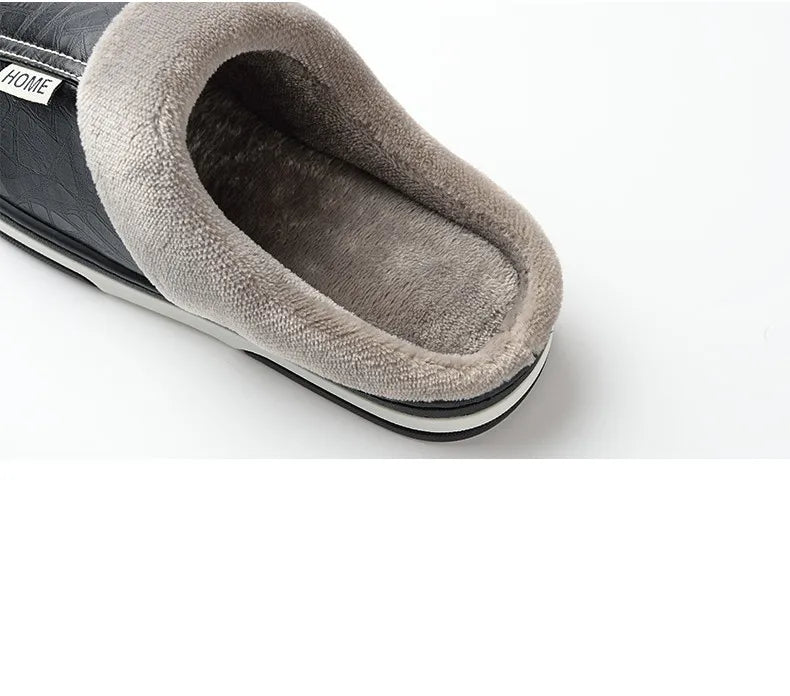 Men Slippers Indoor PU Leather House Waterproof Warm Home Bedroom Fur Slipper Male Shoes Fluffy Big Size Casual Slide Shoes