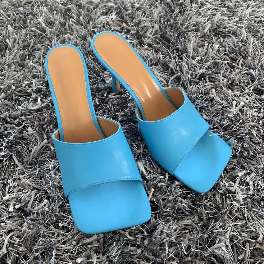 2024 New Summer Women Sandals Square Toe Ladies Heel Mules Sexy Thin High Heels Sandals Slippers Female Fashion Woman Shoes