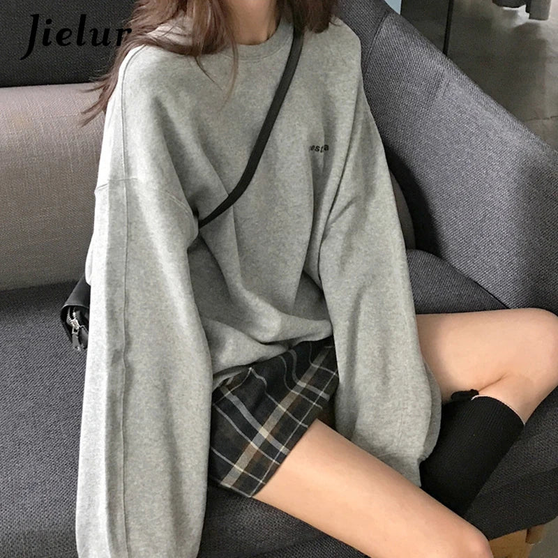 Jielur New Kpop Letter Hoody Fashion Korean Thin Chic Women's Sweatshirts Cool Navy Blue Gray Hoodies for Women M-XXL