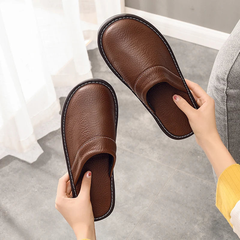 Home Leather Slippers Men and Women Spring 2024 New Non-slip Waterproof Floor Shoes Anti-odor Soft Sole males Indoor Slides