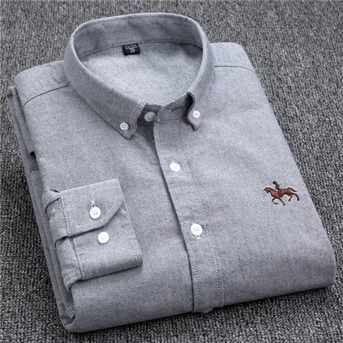 S~6XL Cotton Oxford Shirt For Mens Long Sleeve Plaid Striped Casual Shirts Male Pocket Regular-Fit Button-Down Work Man Shirt