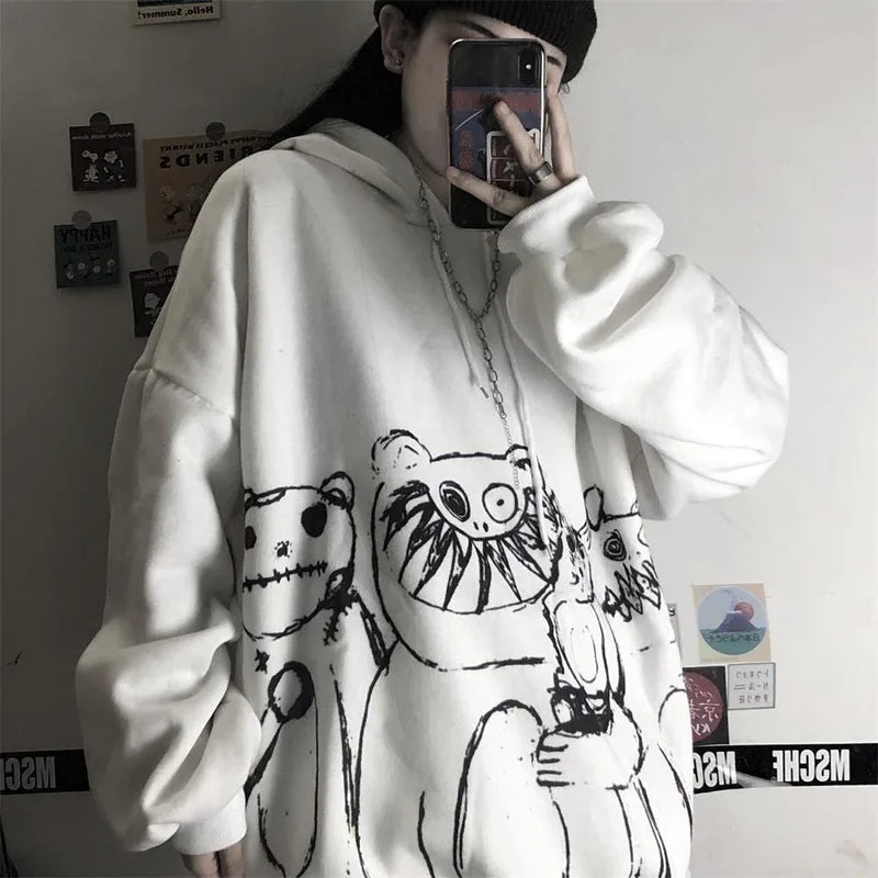 QWEEK Goth Harajuku Hoodie Punk Anime Oversized Sweatshirt Graffiti Hoodies Women Cartoon Print Hoodie 2021 Streetwear Women