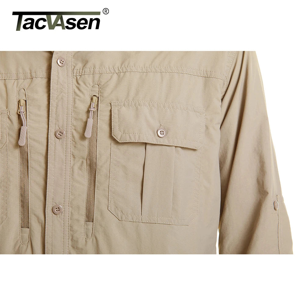 TACVASEN With 2 Chest Zipper Pockets Cargo Shirt Men's Quick Drying Skin Protective Long Sleeve Work Shirt Male Tops Outdoor