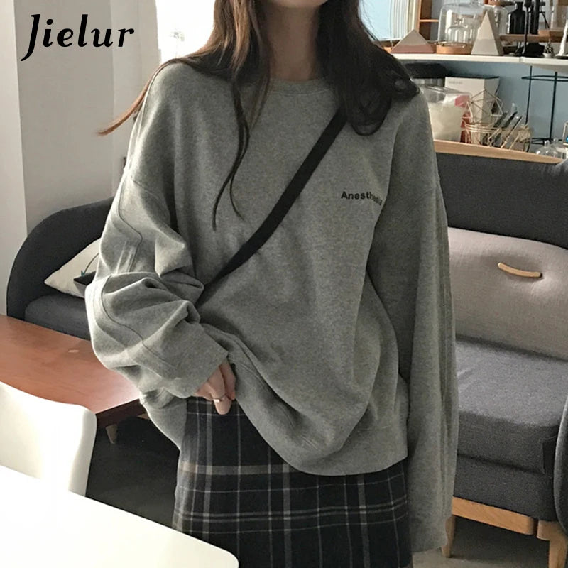 Jielur New Kpop Letter Hoody Fashion Korean Thin Chic Women's Sweatshirts Cool Navy Blue Gray Hoodies for Women M-XXL