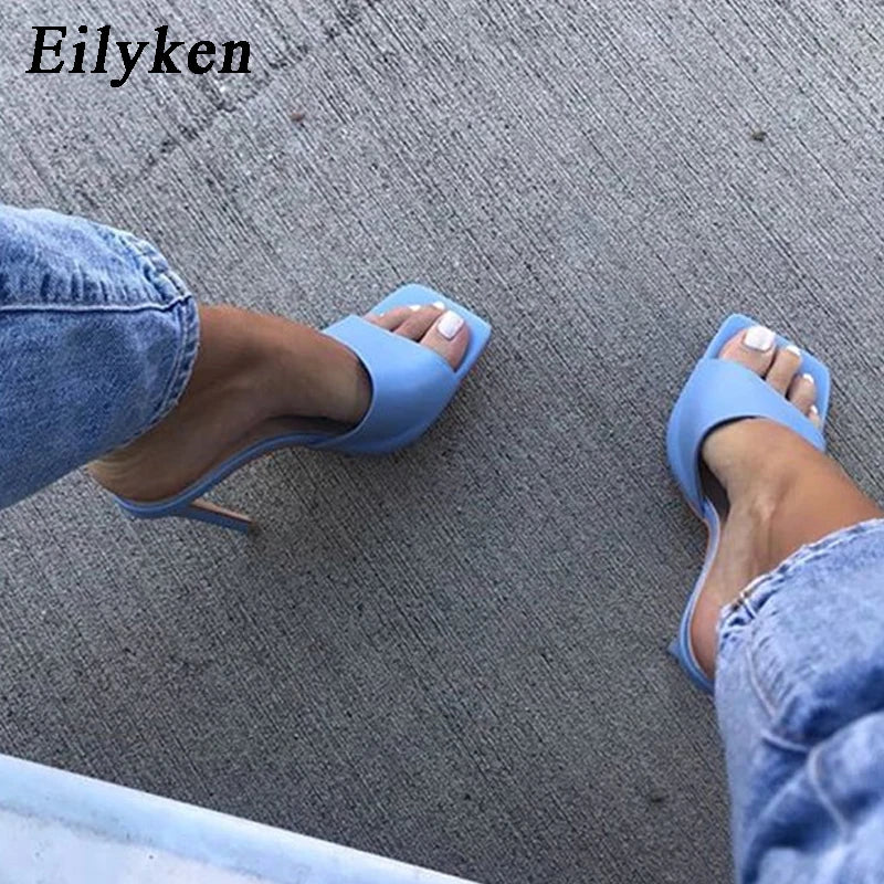 Eilyken Summer Cozy Soft PU Leather Square Toe Women Slippers High Heels Mules Outdoor Party Dress Ladies Fashion Shoes