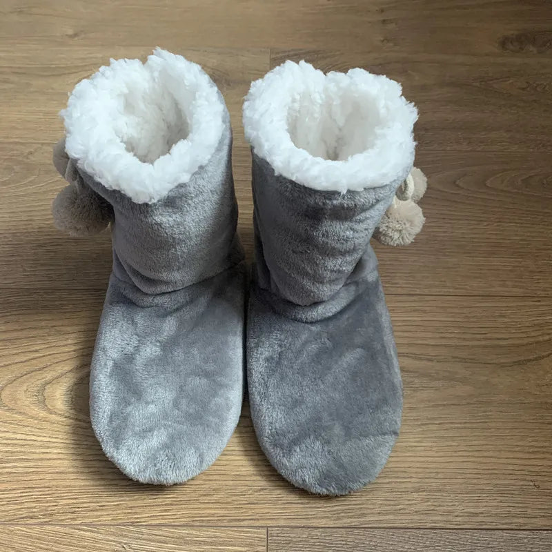 Womens Home Slipper Boots Winter Warm Fuzzy Indoor Fur Ball Contton Plush Non Slip Grip Fluffy Female Floor Shoes Flat Ladies