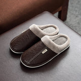 Winter Home Slippers for Men Memory Foam Massage House Slippers With Fur PU Leather Waterproof Indoor Male slipper Plus Size 51