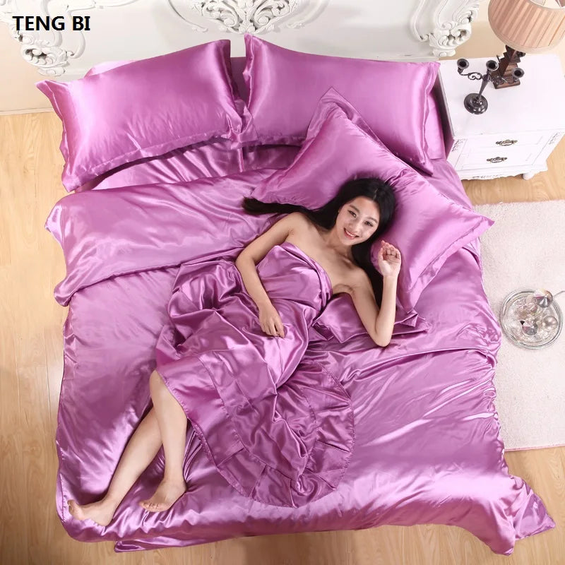 HOT! 100%  Silk Bedding Fashion Bedding set Pure color A/B double-sided color Simplicity Bed sheet, quilt cover pillowcase 2-5pc