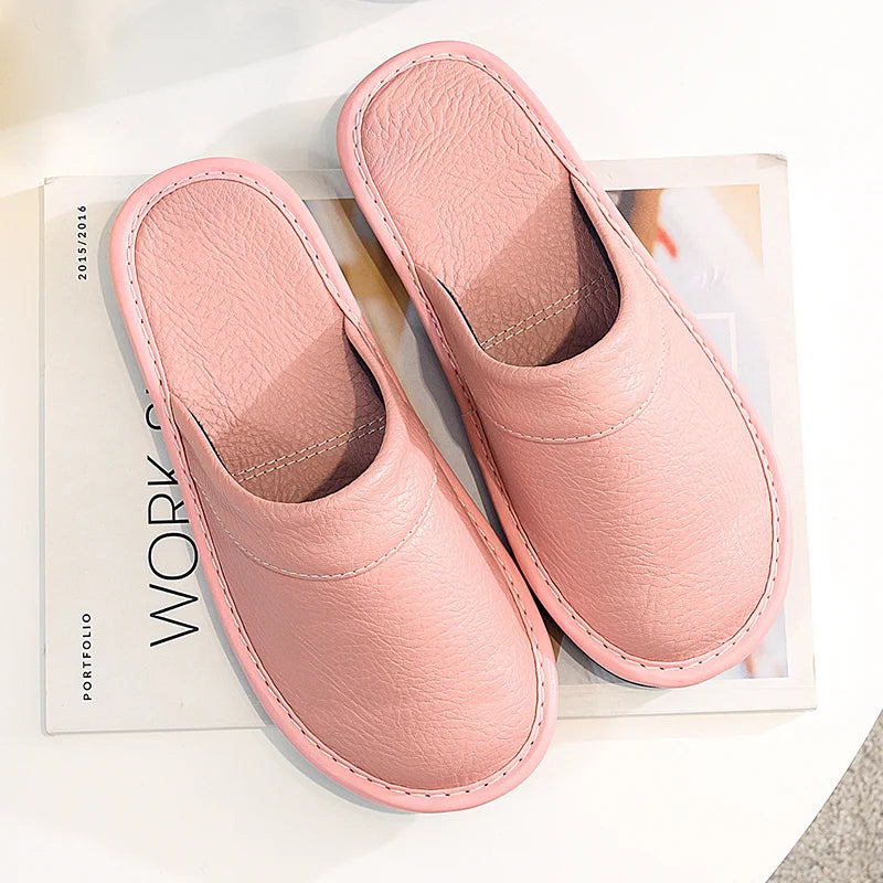 Home Leather Slippers Men and Women Spring 2024 New Non-slip Waterproof Floor Shoes Anti-odor Soft Sole males Indoor Slides