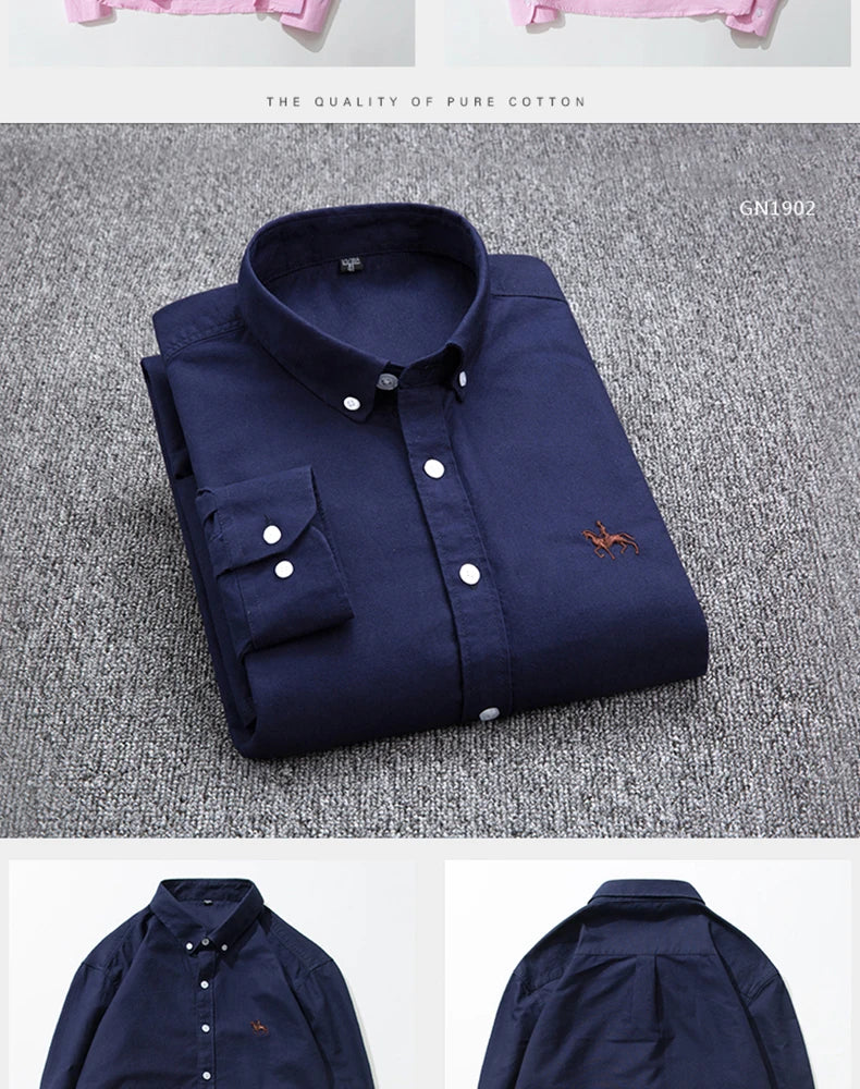 100% Cotton Oxford Shirt Men's Long Sleeve Embroidered Horse Casual Without Pocket Solid Yellow Dress Shirt Men Plus Size S-6XL