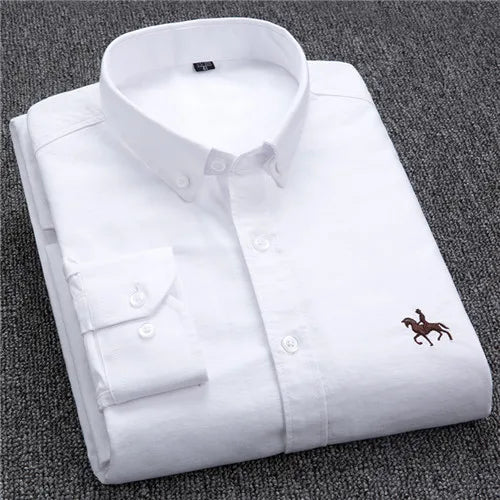 S~6XL Cotton Oxford Shirt For Mens Long Sleeve Plaid Striped Casual Shirts Male Pocket Regular-Fit Button-Down Work Man Shirt