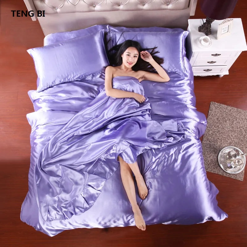 HOT! 100%  Silk Bedding Fashion Bedding set Pure color A/B double-sided color Simplicity Bed sheet, quilt cover pillowcase 2-5pc