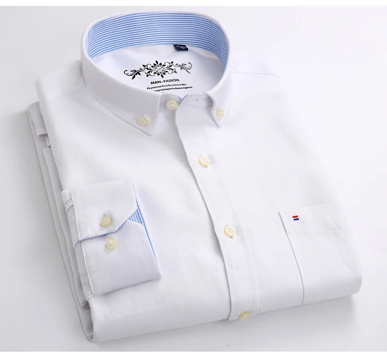 S~6XL Cotton Oxford Shirt For Mens Long Sleeve Plaid Striped Casual Shirts Male Pocket Regular-Fit Button-Down Work Man Shirt