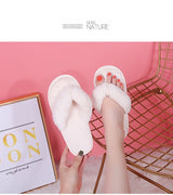 Warm Fluffy Slippers Women Cozy Faux Fur Cross Indoor Floor Slides Flat Soft Furry Shoes Ladies Female Celebrities Flip Flops