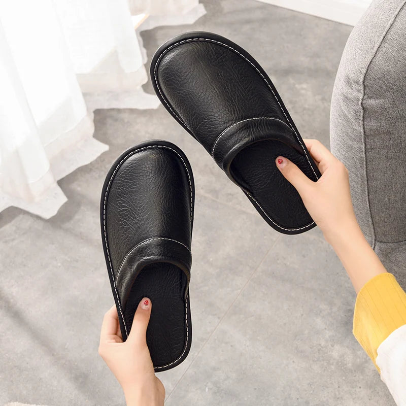 Home Leather Slippers Men and Women Spring 2024 New Non-slip Waterproof Floor Shoes Anti-odor Soft Sole males Indoor Slides