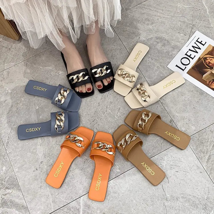 Cute 2022 Women Summer Slipper Square Toe Chain Slippers Slip on Flat Slide Sandals Beach Flip Flops Casual Shoe Ladies Big Size