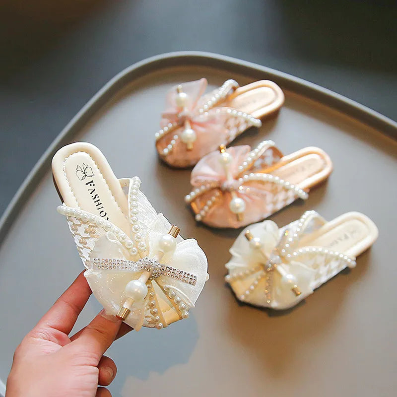 슬리퍼 Children's Slippers Summer New Bow Girl Princess Shoes Soft Sole Home Shoes Flat Kids Shoes Fashion Girl Slippers flip flops