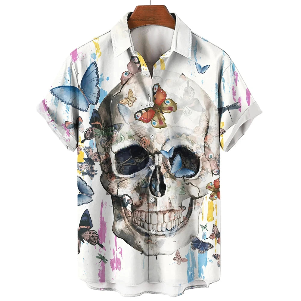 Summer Skull Head 3D Printed Men Shirt Man/Women Casual Fashion Short Sleeves Shirts Button Lapel Tops Oversized Unisex Clothes