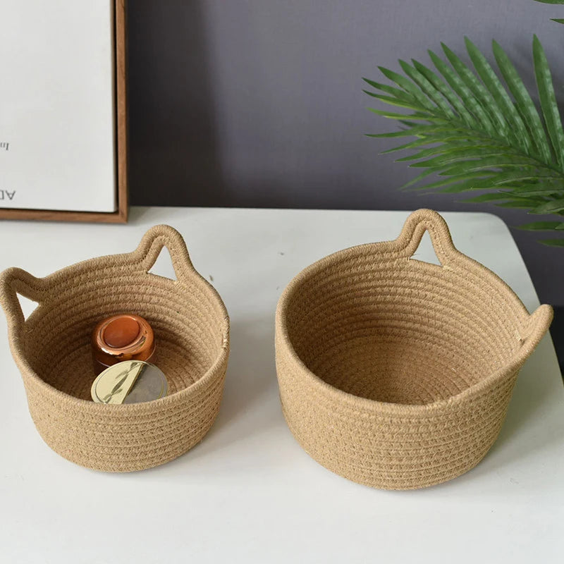 Woven Cotton Rope Cat's ear Nordic  Storage Baskets  Desktop Sundries Kids Toys Organizer Box Dirty Clothes Laundry Basket Hampe