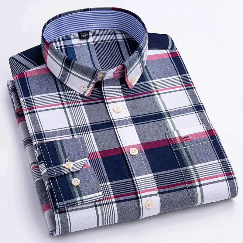 100% Cotton Mens Oxford Shirts New Hot Sale Long Sleeve Casual Stripe Soft Buttoned Plaid Formal Male Clothes Plus Size 7XL 6XL