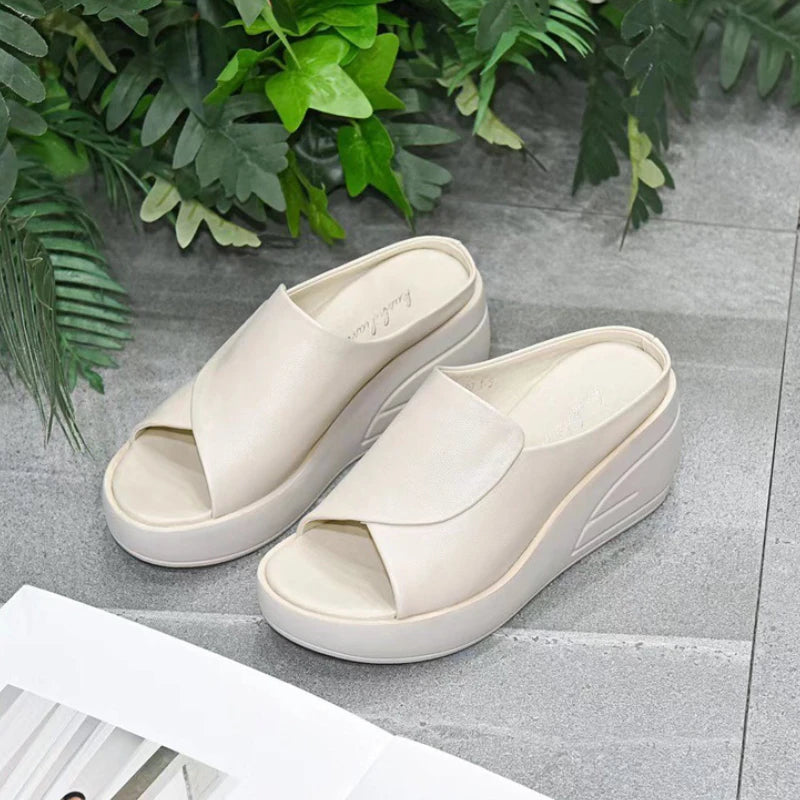 New Women Sandals Women Slippers Black Wedge Platform Open Toe Women Orthopedics Thick Bottom Beach High Heels Slides