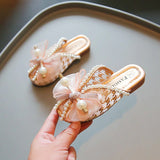 슬리퍼 Children's Slippers Summer New Bow Girl Princess Shoes Soft Sole Home Shoes Flat Kids Shoes Fashion Girl Slippers flip flops