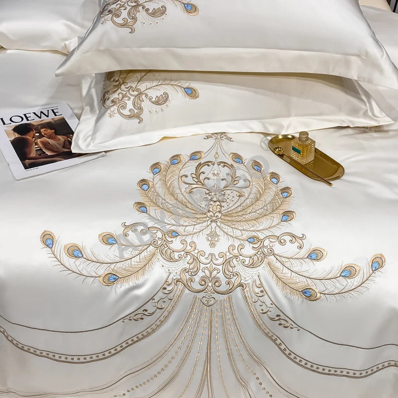 Nordic Bedding Set Luxury Gold Feather Embroidery 100 Egyptian Cotton Double Duvet Cover Bed Sheets and Pillowcases Bed Set