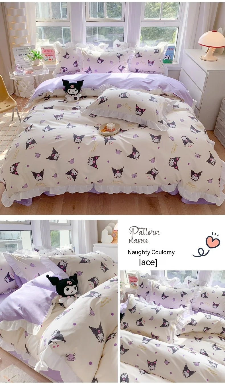 Sanrio Kids Bedding Set Kuromi Cinnamoroll Mymelody Duvet Cover Bed Sheet Pillowcase Bedsheet Double Single King Queen Twin Size