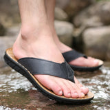 Summer Shoes Men Slippers Flip Flops Genuine Leather Non-slip Flat Mens Sandals Holiday Footwear Black Khaki