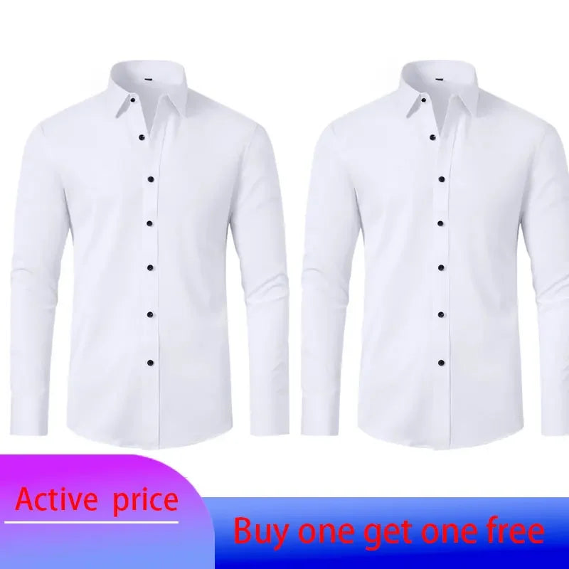 6xl New Spring and summer  elastic force non-iron men's long-sleeved business casual shirt solid color mercerized vertical shirt