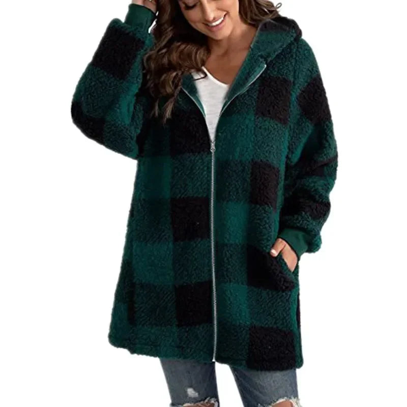 2024 New Amazon Long Sleeve Plaid Hooded Zipper Women's Jacket Loose Fit Pocket Included Casual Ladies Outerwear