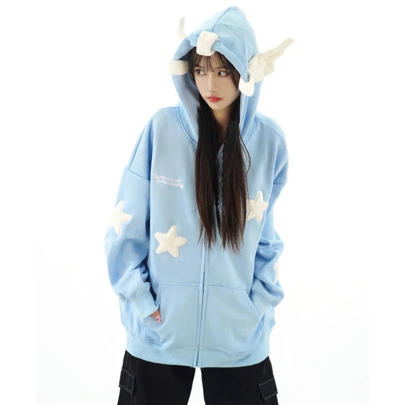 Japanese Kawaii Wing Hooded Loose Sweatshirt Women Autumn Long Sleeves Zipper Star Cardigan Oversized Coat Y2K Sweet Cute