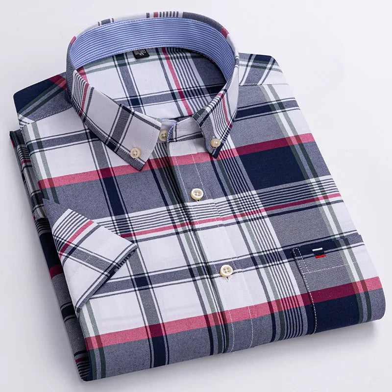 100% Cotton Men Oxford Shirt Short Sleeve Summer Plaid Striped Male Clothes Business Regular Fit Dress Shirt Oversized 7XL 6XL