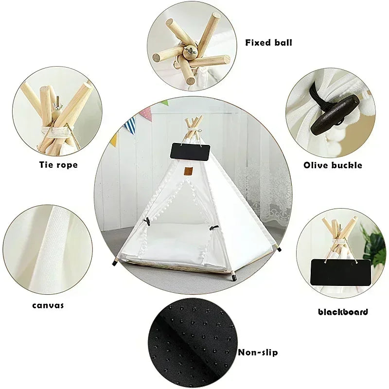 Pet Teepee Tent for Cats and Dogs Portable Removable Washable Dog House Indoor Puppies House with Cushion and Blackboard Cat Bed