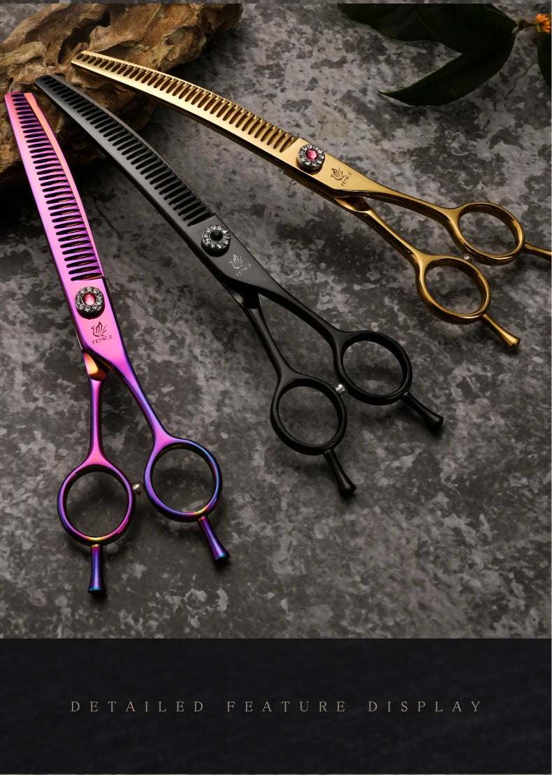 Fenice High-grade 6.5/7.25 inch Straight/Curved JP440C Thinning Rate 25%-70% Shears Chunker Scissors Pets Dog Grooming Scissors