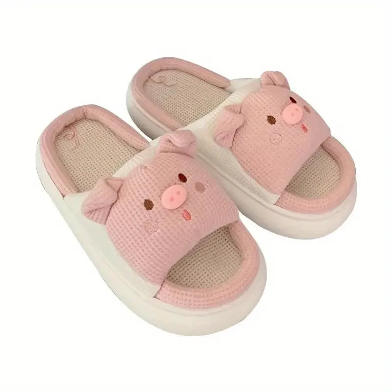 Slippers for Women Linen Cotton Home Shoes Thick Soft Sole Lovely Pig Non-slip for Outdoor for Four Seasons Korean Style